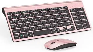 Wireless Keyboard and Mouse Ultra Slim Combo, TopMate 2.4G Silent Compact USB Mouse and Scissor Switch Keyboard Set with Cover, 2 AA and 2 AAA Batteries, for PC/Laptop/Windows/Mac - Rose Gold Black