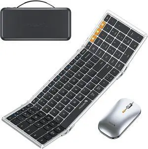 ProtoArc Foldable Keyboard and Mouse, XKM01 Folding Bluetooth Keyboard Mouse Combo for Business and Travel, 2.4G+Dual Bluetooth Full-Size Portable Keyboard for Laptops iPads Tablets (Black Silver)