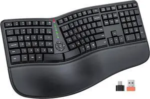 MEETION Ergonomic Keyboard, Wireless Computer Keyboard, Ergo Split Keyboard with Cushioned Wrist, Palm Rest, Curved, Natural Typing, Full Size Rechargeable for Windows/Mac/Laptop/PC, Black