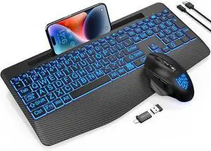 Wireless Keyboard and Mouse Backlits, Wrist Rest, LED Mouse, Rechargeable Ergonomic Keyboard with Phone Holder, Silent Light Up Combo for Computer, Mac, PC, Laptop, Chromebook (Large Print)