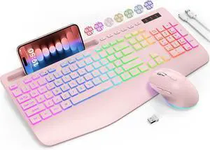 Wireless Keyboard and Mouse Combo, 9 Backlit Effects, Wrist Rest, Phone Holder, 2.4G Lag-Free Ergonomic Keyboards, Rechargeable Silent Cordless Set for Computer, Laptop, Mac, Windows -SABLUTE (Pink)