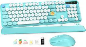 Wireless Keyboard and Mouse Combo - Retro Keyboard with Round Keycaps, Full-Size Typewriter Keyboard with Detachable Wrist Rest, 2.4GHz Dropout-Free Connection for Mac/Windows/PC (Blue)