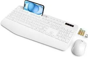 SABLUTE Wireless Keyboard and Mouse, Wrist Rest, Phone Holder, Batteries Included, 2.4G Lag-Free Ergonomic Keyboards Mouse Combo, Silent Keyboard Cordless Set for PC, Laptop, PC, Windows, White