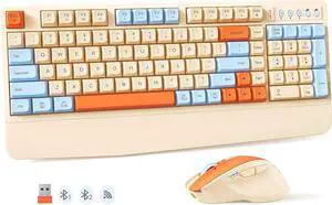 MEETION Colorful Wireless Keyboard and Mouse, Cute Retro Keycap, Bluetooth/2.4G Rechargeable Keyboard with Detachable Wrist Rest Cover, 4 DPI Swing Mouse, for Windows/Mac/Computer/Laptop/PC, Cream