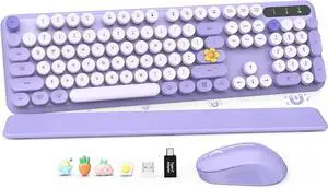 Wireless Keyboard and Mouse Combo, Retro Typewriter Keyboard, Detachable Hard Wrist Rest, Tilt Legs, Floating Round Keycaps, Auto Sleep Mode, Cute 2.4GHz Cordless Set for Mac/Windows/PC/Laptop-Purple