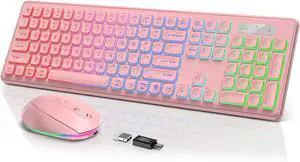Wireless Keyboard and Mouse Backlit, Quiet Light Up Keys, Tilt Legs, Sleep Mode - Rechargeable USB Cordless Combo for Computer, iMac, PC, Laptop - by SABLUTE, Black (Pink)