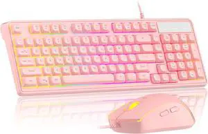 Pink Creamy Keyboard and Mouse Combo,MageGee GK980 Wired RGB Backlit Keyboard and Pink Gaming Mouse Combo,PC Keyboard and Adjustable Sensitivity Mouse for PC/loptop/MAC