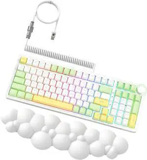 AJAZZ AK992 Wireless Mechanical Gaming Keyboard and Cloud Wrist Rest and Coiled Cable, 2.4G/BT5.0/Wired, RGB Backlit Hot Swappable, Gasket Mount,Knob Control, 3 in 1 PC Gamer Accessories(Brown Switch)