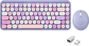 Perixx PERIDUO-713PP Wireless Mini Keyboard and Mouse Combo - Retro Round Key Caps - Pastel Purple - US English Layout
