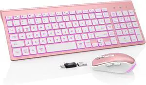 SABLUTE Wireless Keyboard and Mouse Combo Backlit - Compact Quiet Keyboard with RGB Mouse, Rechargeable, Slim, Sleep Mode, Portable Cordless Keyboard Mouse Set for Mac, Windows, Laptop (Rose Gold)