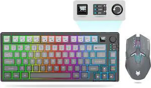 75  Wireless Gaming Keyboard and Mouse Combo, Tri-Mode BT5.0/2.4GHz/USB-C, RGB Backlit Keyboard + 3D 1600DPI Mice, 2000mAh Battery, 80 Keys, Knob Volume Control (Gradient Gray)
