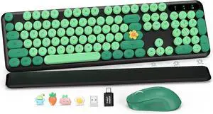 Wireless Keyboard and Mouse Combo-Round Keycaps, Full-Size Retro Typewriter Keyboard with Detachable Wrist Rest, Sleep Mode & Tilt Legs, 2.4GHz Cordless Connection for Mac/Windows/PC (Black & Green)