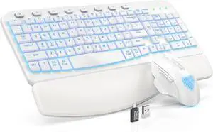 SABLUTE Ergonomic Wireless Keyboard and Mouse Combo - Wave Keyboard with Soft Leather Wrist Rest, Resistant Keys, RGB Backlit Rechargeable Set for PC/Mac/Chromebook (White)