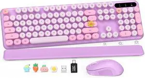 Wireless Keyboard and Mouse Combo-Round Keycaps, Full-Size Retro Typewriter Keyboard with Detachable Wrist Rest, Sleep Mode & Tilt Legs, 2.4GHz Cordless Connection for Mac/Windows/PC (Lavender Purple)