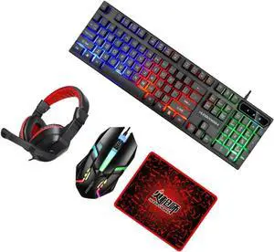 Gadpiparty 4-in-1 Gaming Keyboard Mouse Headset and Pad Set LED Lighting Compact for Easy Use PC Gaming Kit