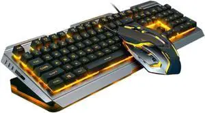 Homoyoyo Cool Yellow Led Backlit Mechanical Gaming Keyboard and Mouse Retro Design High-Elastic Keys Panel USB Wired for Gamers and Typists