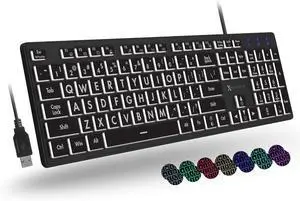 X9 Large Print Backlit Keyboard | Wired Light Up Computer Keyboard for PC Desktop Computer and Laptop - Easy to See and Type Illuminated Large Keys for Seniors and Elderly with 7 Backlight Colors