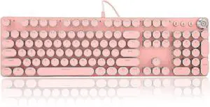 Pink Gaming Keyboard, Round Keycaps Mechanical Keyboard, Retro Punk Typewriter Keyboard, Pink and White Backlight, USB Wired, for Computer(Pink Punk)