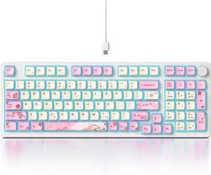 Fogruaden Wired Pink Creamy Mechanical Keyboard with Number Pad, Hot Swappable RGB Pink Gaming Keyboard with Knob, 98 Key Full Layout, Custom Gasket Mount, Red Switch, NKRO 96% Keyboard for Win/Mac
