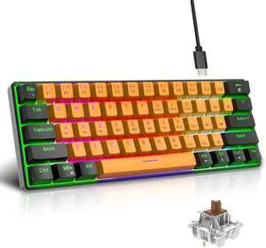 Snpurdiri 60% Wired Mechanical Keyboard, Mini Gaming Keyboard with 61 Brown Switches Keys for PC, Windows XP, Win 7, Win 10(Black-Yellow, Brown Switches)