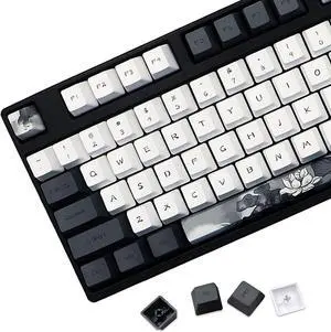 JSJT Ink Lotus Keycaps 140 Keys OEM Profile Keycap PBT Dye Sublimation Key Caps for ANSI/ISO Layout Cherry MX Switch Mechanical Gaming Keyboards GK61/68/87/96/104/108 (with 6.25u spacebar)