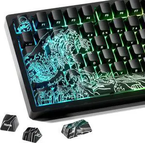 HITIME XVX Shine Through Keycaps w/IMD Tech, Black Kanagawa Keycaps 60 75 100 Percent, Custom Keycap Set Lines Backlit, OEM Profile Keycaps for Keyboards