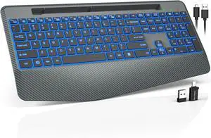 Wireless Keyboard with 7 Colored Backlits, Wrist Rest, Phone Holder, Rechargeable Ergonomic Computer Keyboard with Silent Key, Full Size Lighted for Windows, MacBook, PC, Laptop (Gray)