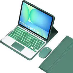 EHLCYS Touchpad Keyboard Case for Samsung Galaxy Tab S10 FE+ Plus 13.1 Inch 2025 Model (SM-X620/X626), 7-Color Backlight Detachable Keyboard, Ultra-Thin Cover with Pen Holder and Mouse,Green