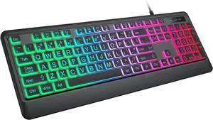 Backlit Wired Keyboard for Windows, Large Print Computer Keyboards with Rainbow Backlit, Plug and Play, Full-Size, Oversize Letters Keys Easy to See and Type, Light Up Keyboard for Laptop, PC, Gaming