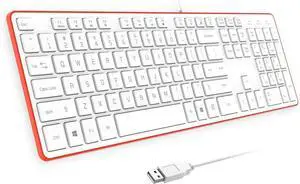 B.FRIENDit Wired USB Keyboard, Comfortable Quiet Chocolate Keys, Durable Ultra-Slim Wired Computer Keyboard for PC, Windows 11/10 / 8/7 / Vista, KB1430 - White & Orange