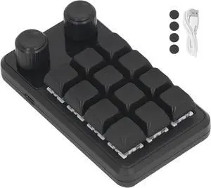 BORDSTRACT Mini Gaming Keypad, 12 Keys 2 Knobs Blue Switch Black Programming Macro Keypad with RGB Light for Industry