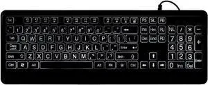 Large Print Backlit Wired Keyboard with Oversized Letters Silent Design for Elderly & Low Vision Users, White Backlight, 104 Keys (17.7" x 6.3")
