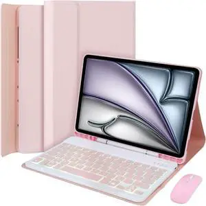 EHLCYS Keyboard Case for iPad Pro 13-inch (M4, 2024), Detachable 7-Color Backlit Wireless Bluetooth Keyboard, Ultra-Thin Folio Multi-Angle Protective Case with Pen Holder and Mouse,Pink
