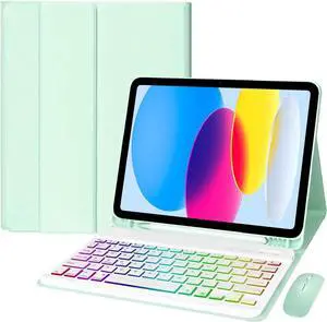 EHLCYS Keyboard Case for iPad (A16) 11th Generation 11 inch 2025/iPad 10th Generation 10.9 inch, Detachable 7-Color Backlit Bluetooth Keyboard, Ultra-Thin Case with Pen Holder and Mouse,Mint Green