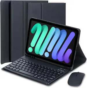 EHLCYS Keyboard Case for iPad mini (A17 Pro) 7th Generation 2024 / iPad mini 6th Gen 8.3 Inch, Detachable Bluetooth Keyboard, Ultra-Thin Folio Case with Pen Holder and Mouse,Black