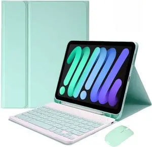 EHLCYS Keyboard Case for iPad mini (A17 Pro) 7th Generation 2024 / iPad mini 6th Gen 8.3 Inch, Detachable Bluetooth Keyboard, Ultra-Thin Folio Case with Pen Holder and Mouse,Mint Green