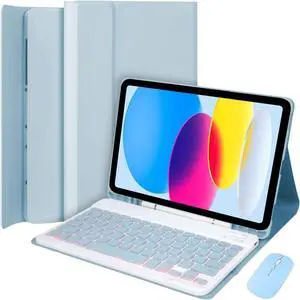 EHLCYS Keyboard Case for iPad (A16) 11th Generation 11 inch 2025/iPad 10th Generation 10.9 inch, Detachable 7-Color Backlit Bluetooth Keyboard, Ultra-Thin Case with Pen Holder and Mouse,Blue