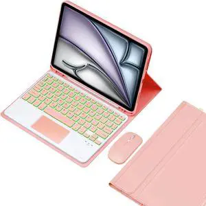 EHLCYS Keyboard Case for iPad Air 11-inch (M3/M2 7th/6th Generation), iPad Air 5th/4th Gen 10.9-inch, Detachable 7-Color Backlit Trackpad Keyboard, Ultra-Thin Case with Pen Holder & Mouse,Pink