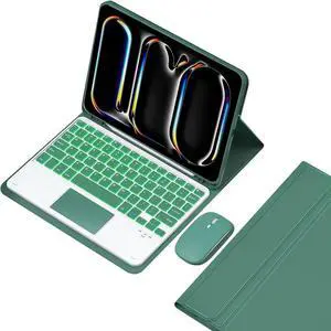 EHLCYS Keyboard Case for iPad Pro 11-inch (M4, 2024), iPad Pro 11-inch (5th Generation), Detachable 7-Color Backlit Touchpad Keyboard, Ultra-Thin Case with Pen Holder and Mouse,Green