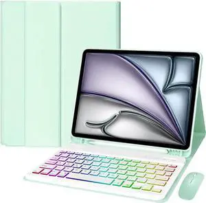 EHLCYS Keyboard Case for iPad Pro 13-inch (M4, 2024), Detachable 7-Color Backlit Wireless Bluetooth Keyboard, Ultra-Thin Folio Multi-Angle Protective Case with Pen Holder and Mouse,Mint Green