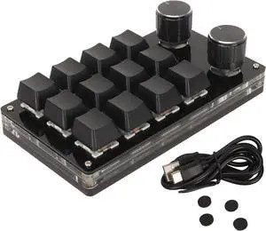 Mini 12 Key Mechanical Keypad with 2 Knobs, DIY Programmable, Blue Switch, Wired Connection, Plug and Play, One Handed for Office, Gaming, Music Control (Black)