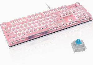 Basaltech Pink Mechanical Gaming Keyboard Retro Steampunk Vintage Typewriter Style Keyboard 104 Keys Anti-Ghosting Blue Switches with LED Backlight Wired USB Metal Panel Round keycap (Pink -SK)