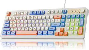 EWEADN G98 RGB Gaming Keyboard Wired, Retro Creamy Membrane Keyboards with Media Knob, Number Pad RGB Backlit, 98 Keys Quite Membrane Computer Keyboard for MAC Xbox PC Gamer -White&Blue
