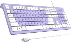 COLIKES Computer Keyboard Wired, Plug Play USB Keyboard, Low Profile Chiclet Keys, Large Number Pad, Caps Indicators, Foldable Stands, Spill-Resistant, Anti-Wear Letters for Windows PC Laptop, Purple