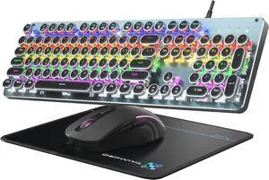 Typewriter Mechanical Gaming Keyboard and Mouse, 104-Key Full Size Retro Keyboards Metal Panel Punk Round Keycap Clicky Blue Switch with RGB Backlit Mouse and Pad Combo for PC Laptop Mac Gamer, Silver