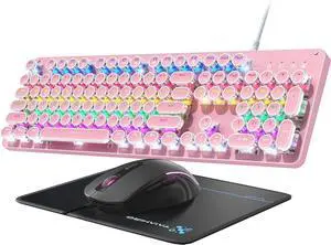 Typewriter Mechanical Gaming Keyboard Mouse Combo, Metal Panel Retro Keyboard with Round Keycap Blue Switch, RGB Backlit 104 Keys Anti-Ghost Wired Keyboard and Mouse with 3 DPI for PC Laptop Mac Gamer