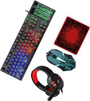 DIYEAH Wired Gaming Keyboard Mouse Headset Combo with USB Connection and LED Backlight Computer Set with