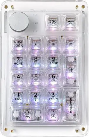 KiiBoom Phantom 21 Hot Swappable Crystal Acrylic Numpad, BT5.0/2.4GHz/USB-C Triple Mode NKRO Programmable Numeric Keypad with Knob, South-Facing RGB, 1900mAh Battery for Win/Mac (Clear)