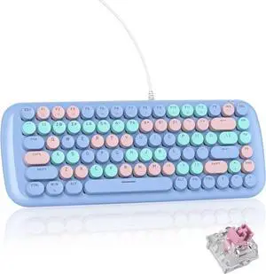 iRoboosta Blue Colorful Mechanical Gaming Keyboard, Aesthetic Keyboard w/White Backlit, 84 Keys Cute Retro Typewriter Computer Keyboard Wired w/Pink Switch, Round Keycap for Windows/PC/PS5 (Blue)