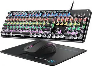 Typewriter Mechanical Gaming Keyboard and Mouse, 104-Key Full Size Retro Keyboards Metal Panel Punk Round Keycap Clicky Blue Switch with RGB Backlit Mouse and Pad Combo for PC Laptop Mac Gamer, Black